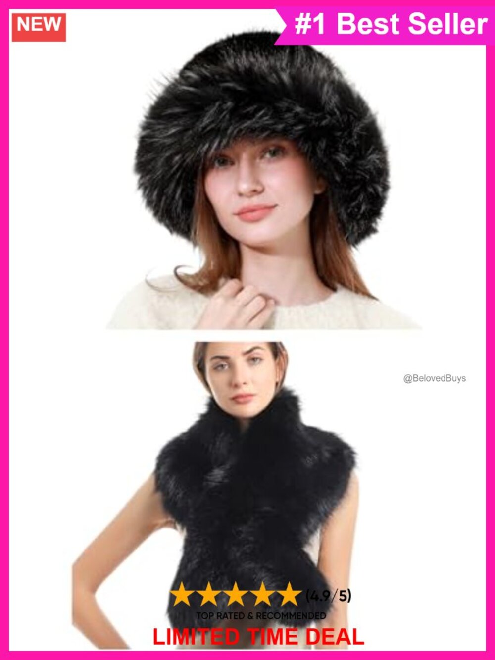 Faux Fur Bucket Hat & Collar Scarf Set Quilted Liner Winter
